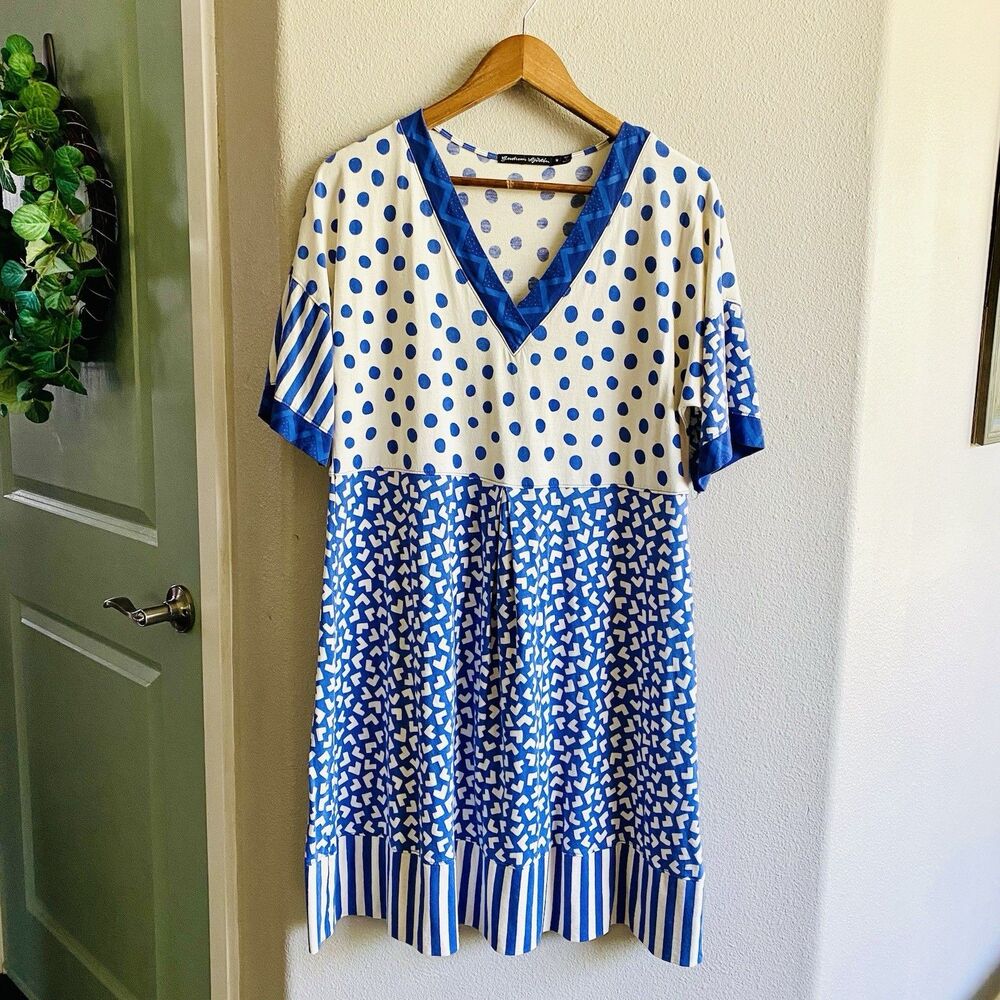 Gundrun Sjoden Dress Medium Blue White Organic Cotton Lagenlook Retro